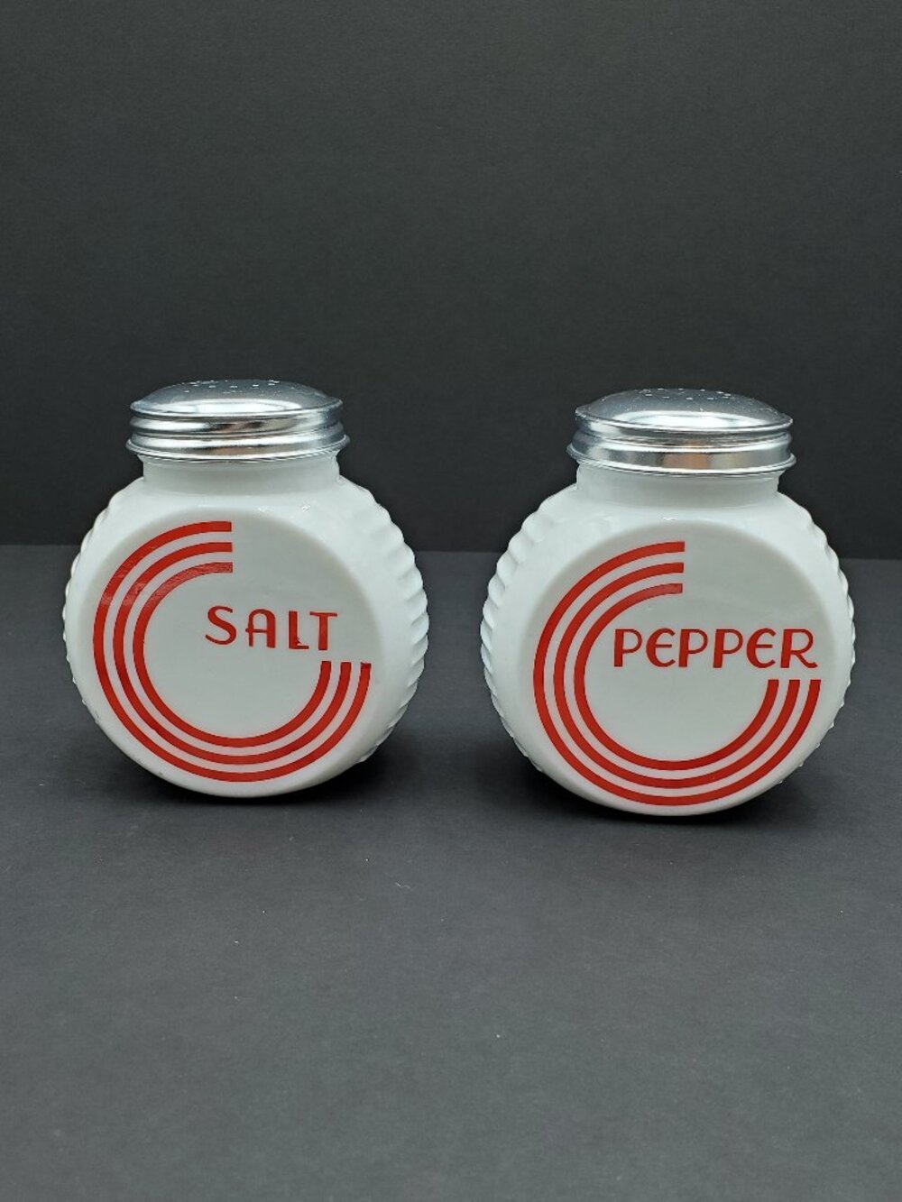 Red Circle Art Deco Round White Glass Salt & Pepper Shakers Red Rings & Letters
